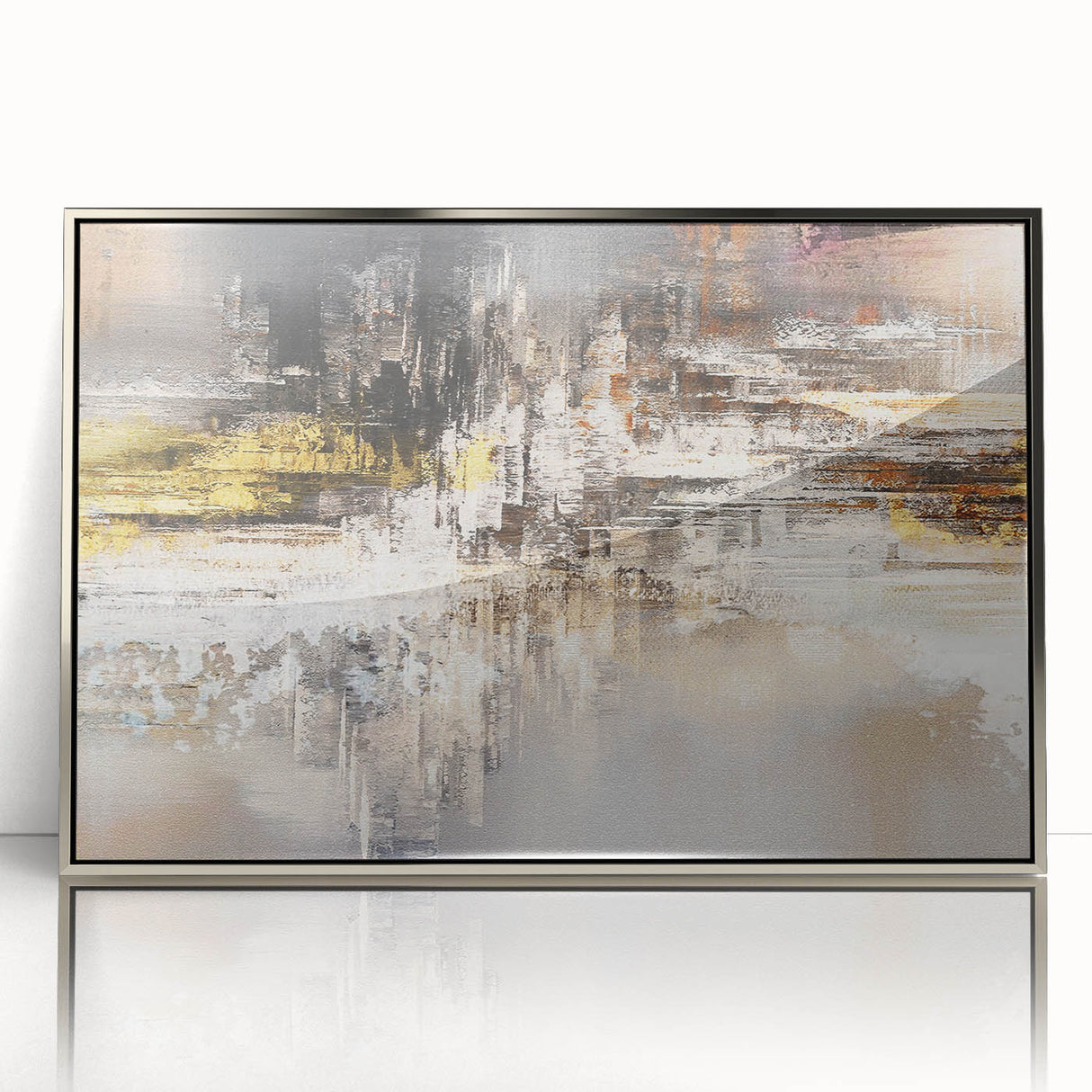 Framed acrylic wall art featuring an abstract design of colorful strokes and lines in silver tones, perfect for modern home decor. Ideal for enhancing living spaces.