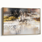 Framed wall art featuring an abstract design of strokes and lines in gold tones, showcasing a modern aesthetic perfect for contemporary home decor.
