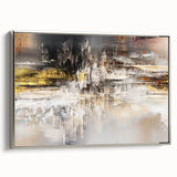 Framed canvas wall art displaying an abstract design of strokes and lines in various shades of gray and silver, showcasing a modern aesthetic perfect for contemporary decor.