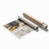 Abstract wall art print displaying vibrant strokes and lines in shades of blue, green, and gold, perfect for modern home decor. Ideal for adding a contemporary touch to any room's aesthetic.