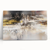 Abstract wall art design with vibrant strokes and lines in shades of blue, orange, and green, displayed on stretched canvas, leaning against a neutral backdrop. This contemporary artwork adds a pop of color and modern flair to any interior space.