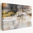 Abstract wall art featuring a vibrant design of strokes and lines in various shades of blue, orange, and yellow, displayed in a side view on a stretched canvas. Perfect for modern decor, this piece adds a touch of contemporary elegance to any room.