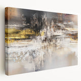 Abstract wall art featuring a vibrant design of strokes and lines in various shades of blue, orange, and yellow, displayed in a side view on a stretched canvas. Perfect for modern decor, this piece adds a touch of contemporary elegance to any room.