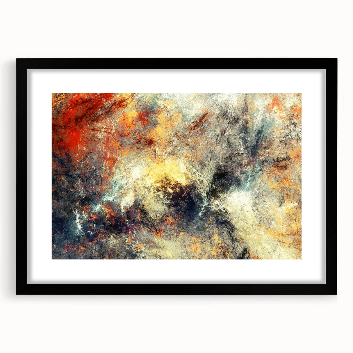 Abstract wall art featuring a modern design of colorful strokes and lines, framed in black with a mat, perfect for contemporary home decor.