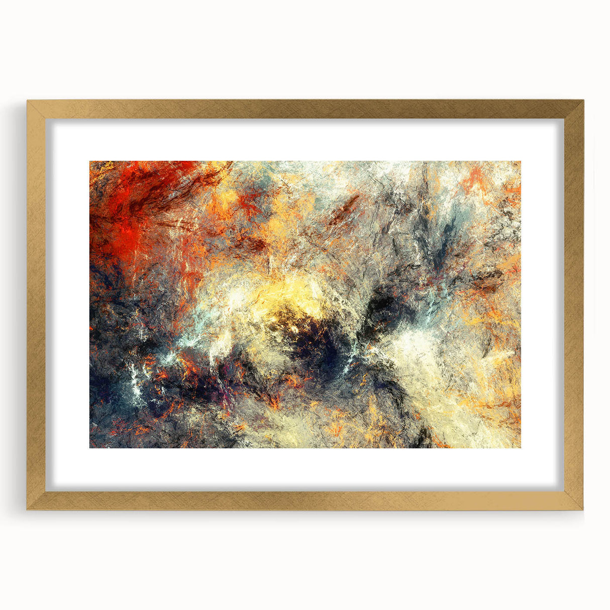 Abstract wall art featuring gold and white strokes and lines in a modern frame with a mat. Ideal for contemporary home decor, adding elegance to any space.