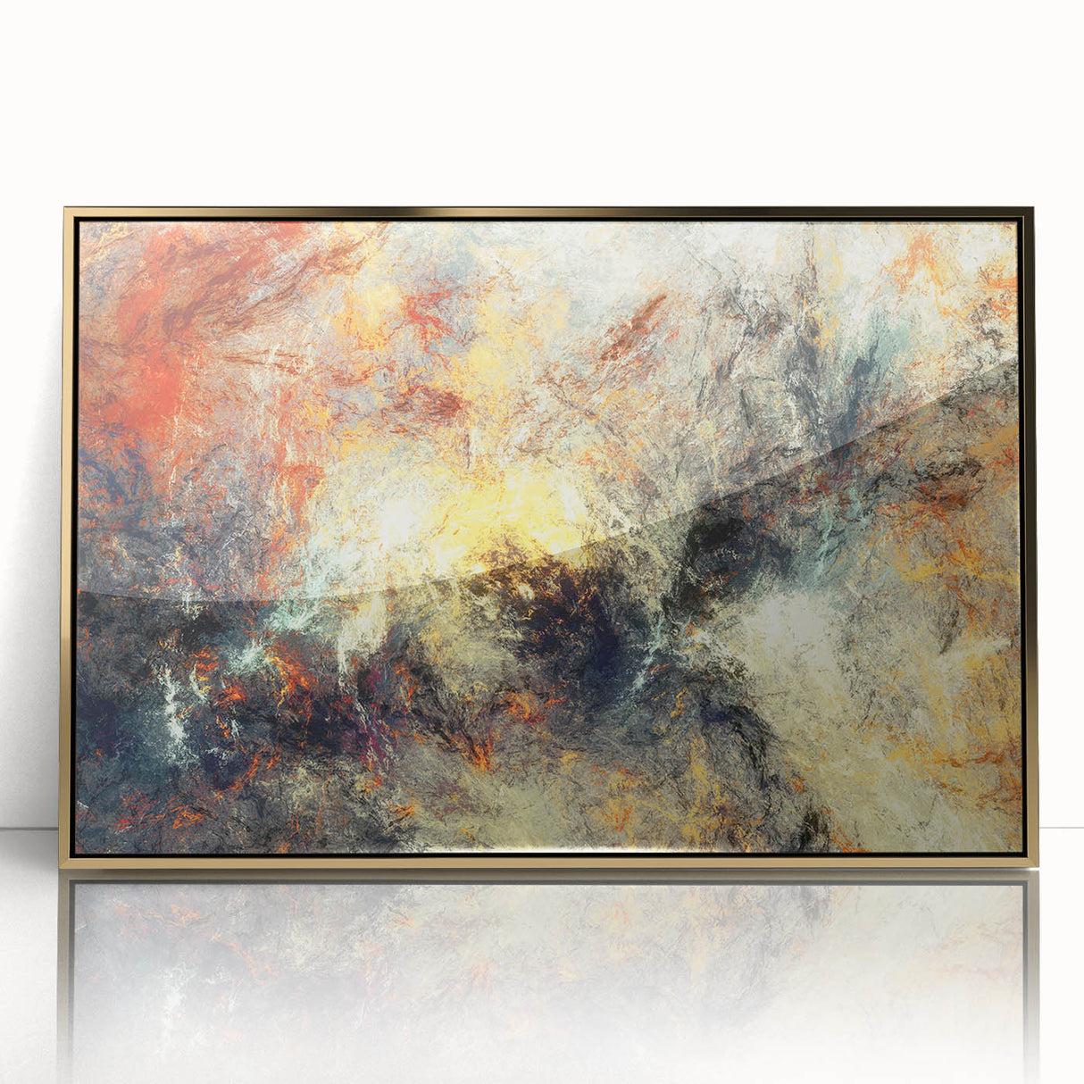 Framed abstract wall art featuring bold strokes and lines in gold and black, set against a sleek acrylic background, perfect for modern decor enhancement.