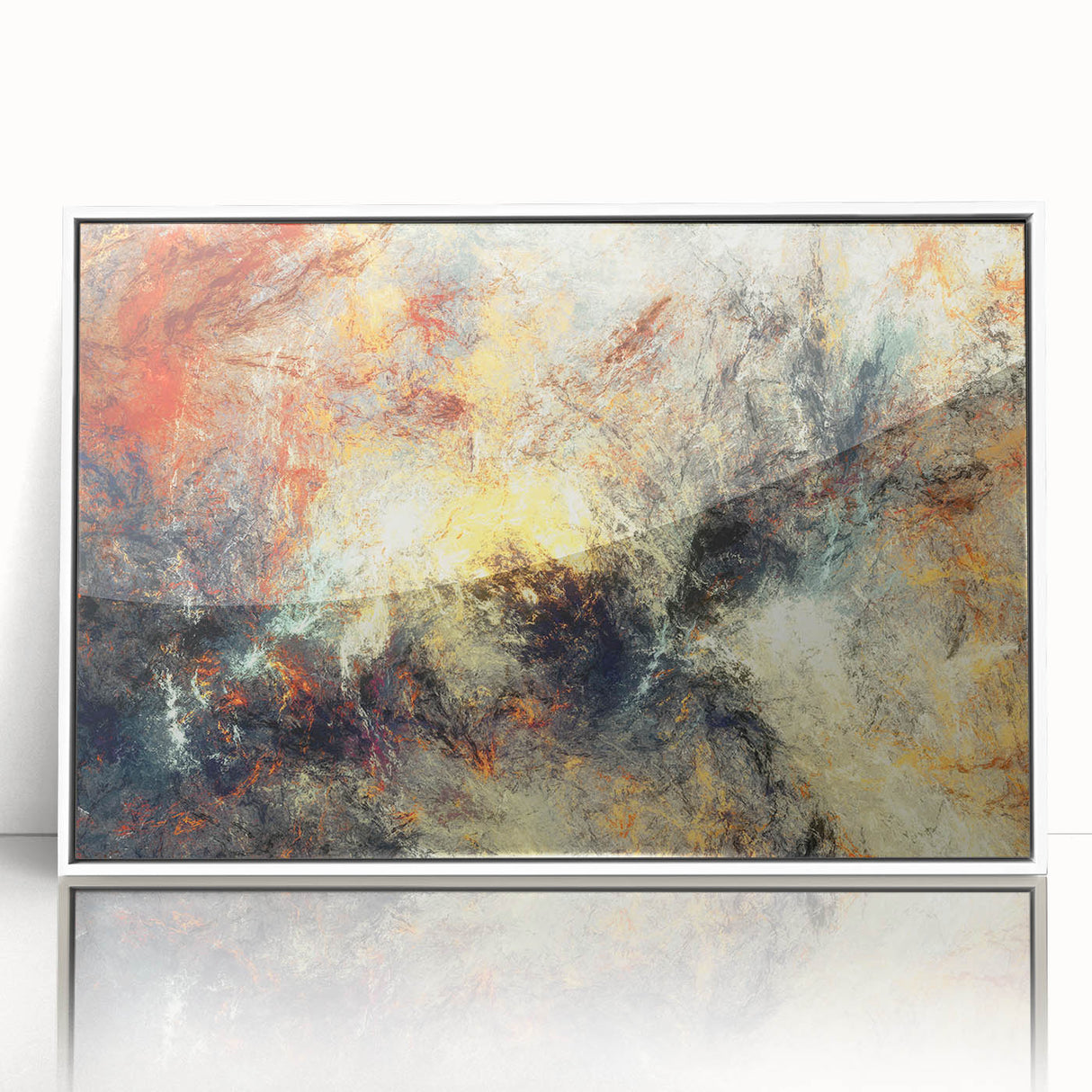 Framed abstract wall art featuring multicolored strokes and lines in a modern design, showcasing a sleek white frame, perfect for contemporary home decor.