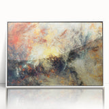 Framed abstract wall art featuring multicolored strokes and lines in a modern design, showcasing a sleek white frame, perfect for contemporary home decor.