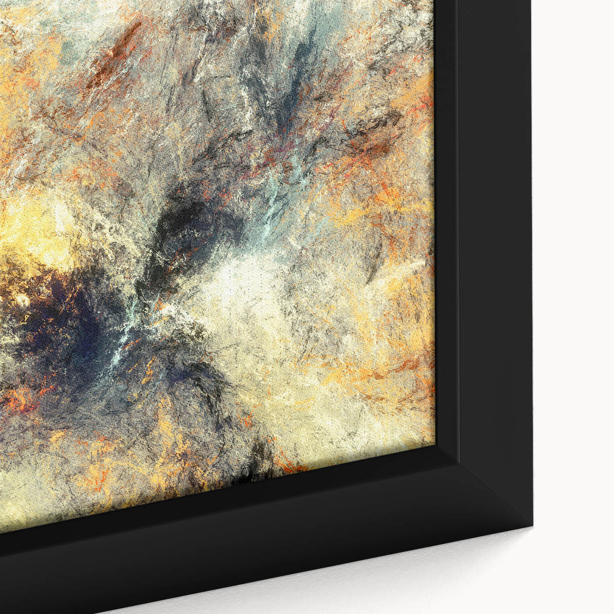 Close-up of a framed abstract wall art piece showcasing vibrant strokes and lines in a mix of blue, orange, and gold hues, ideal for modern home decor.
