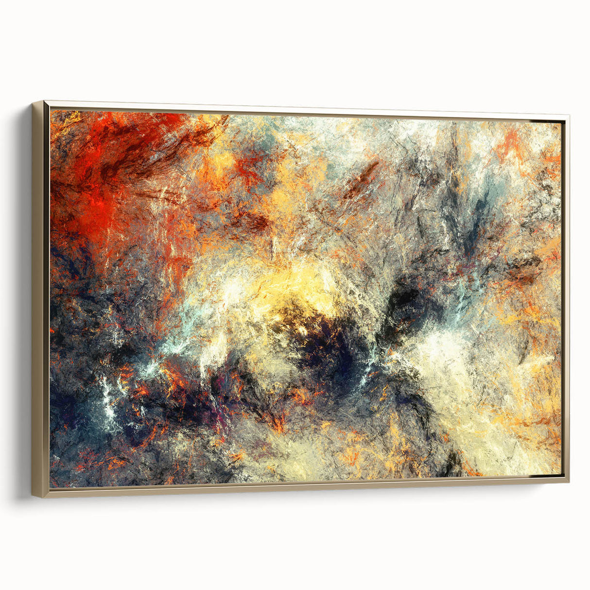 Framed canvas wall art featuring an abstract design of gold strokes and lines, showcasing a modern aesthetic ideal for contemporary home decor. The piece highlights a stylish side view, perfect for enhancing any living space's elegance.