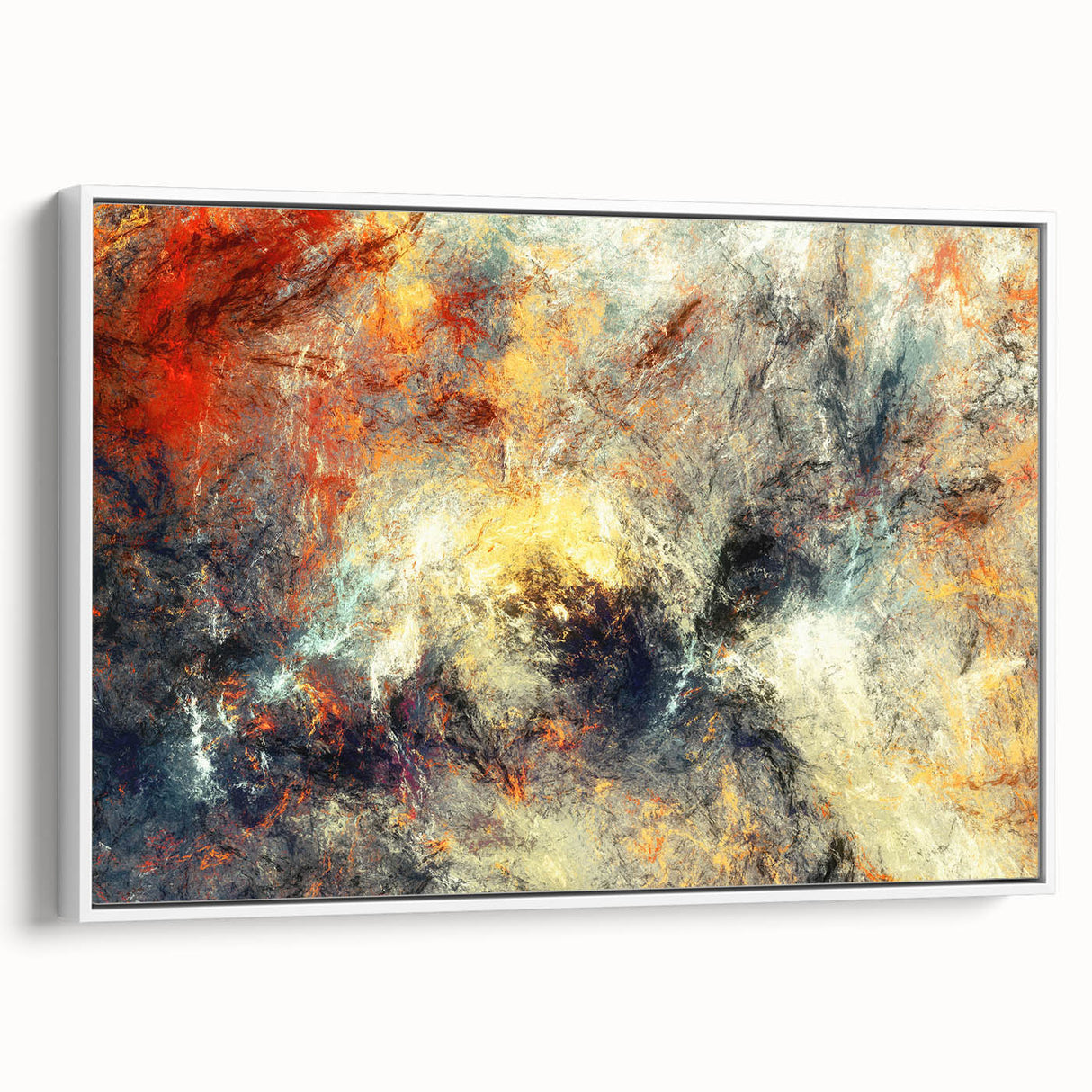 Framed canvas wall art showcasing an abstract design with colorful strokes and lines, set against a white backdrop, viewed from the side. Ideal for modern home decor.
