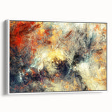 Framed canvas wall art showcasing an abstract design with colorful strokes and lines, set against a white backdrop, viewed from the side. Ideal for modern home decor.