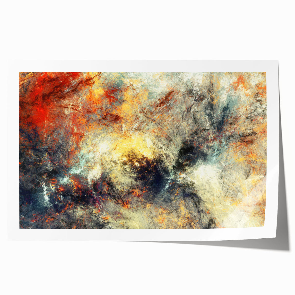 Abstract wall art print featuring dynamic strokes and lines in vibrant colors, ideal for modern home decor. The design showcases a blend of shapes and textures, adding a contemporary touch to living spaces. Perfect for enhancing artistic themes in interior design.