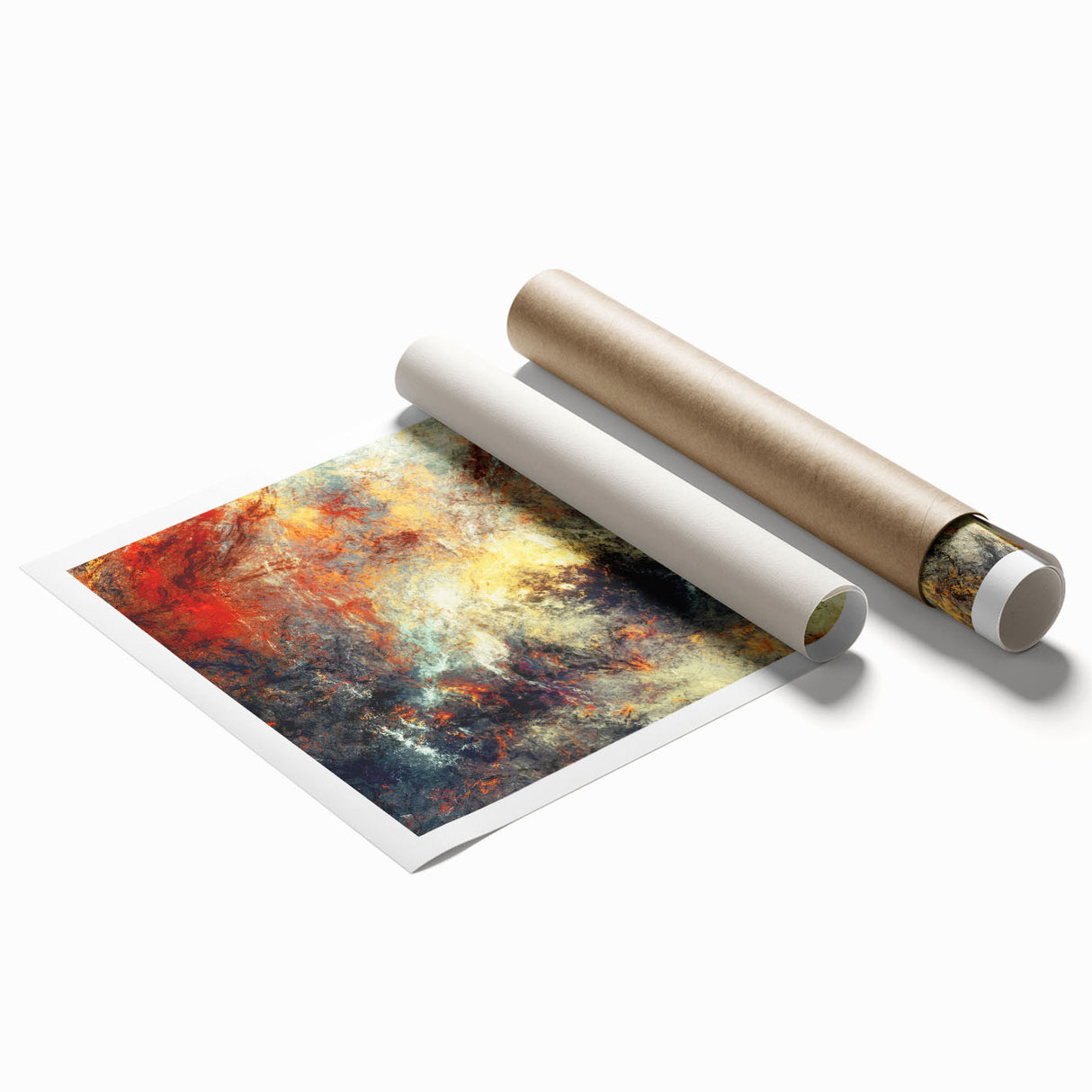 Abstract wall art print featuring vibrant strokes and lines in blue, orange, and yellow hues, ideal for modern home decor or artistic spaces. This rolled print showcases a contemporary design that adds a dynamic touch to any room while emphasizing creativity and style. Perfect for art enthusiasts looking to enhance their interior aesthetics.