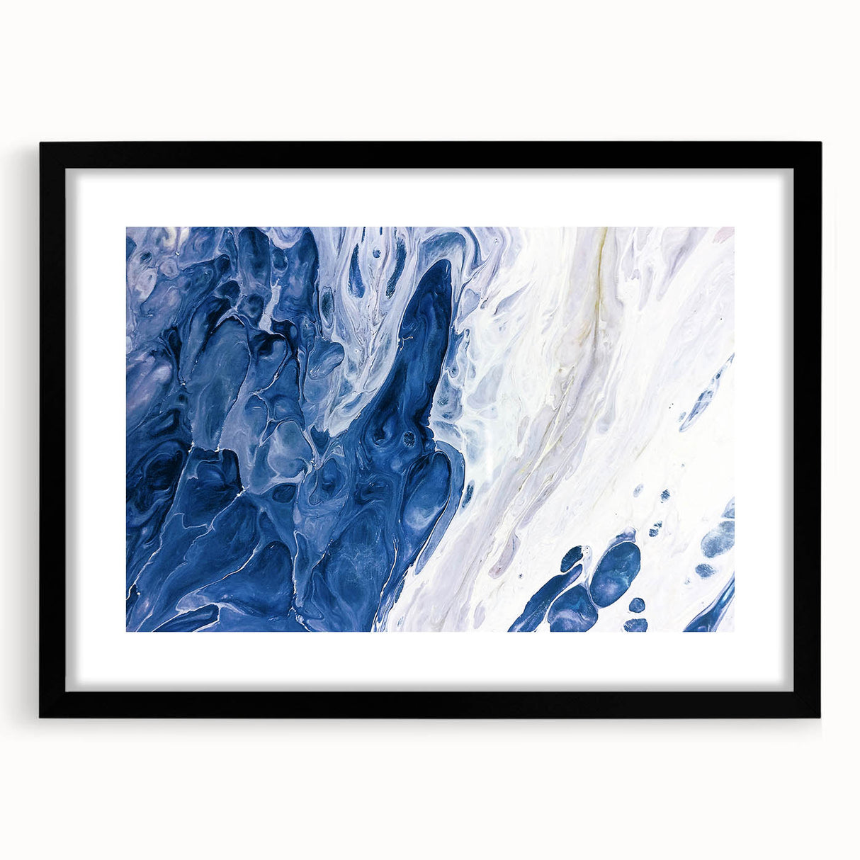 Abstract wall art featuring intertwined strokes and lines in a modern design, framed with a black mat, showcasing a sleek front view for contemporary decor.
