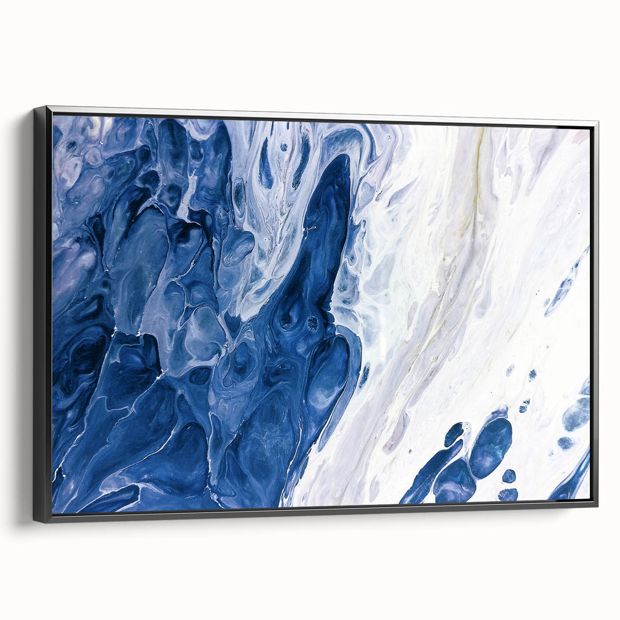 Framed canvas wall art showcasing abstract strokes and lines in a modern design, featuring a black frame and side view display, perfect for contemporary decor.