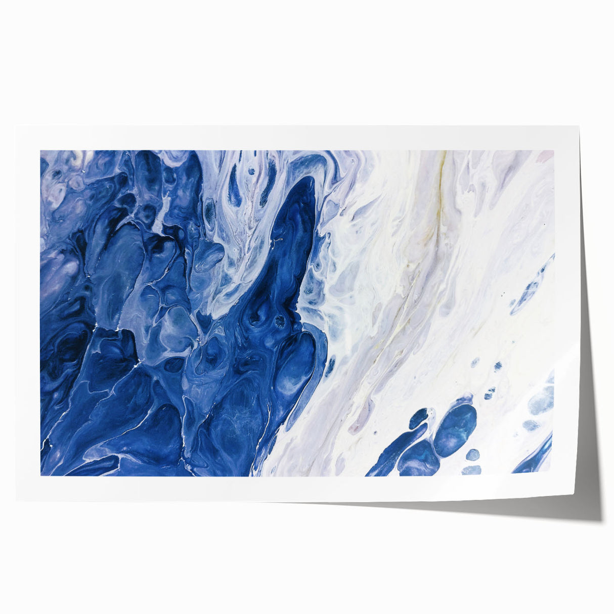 Abstract wall art print showcasing dynamic strokes and lines in vibrant hues of blue, orange, and yellow. Ideal for modern home decor and artistic spaces.