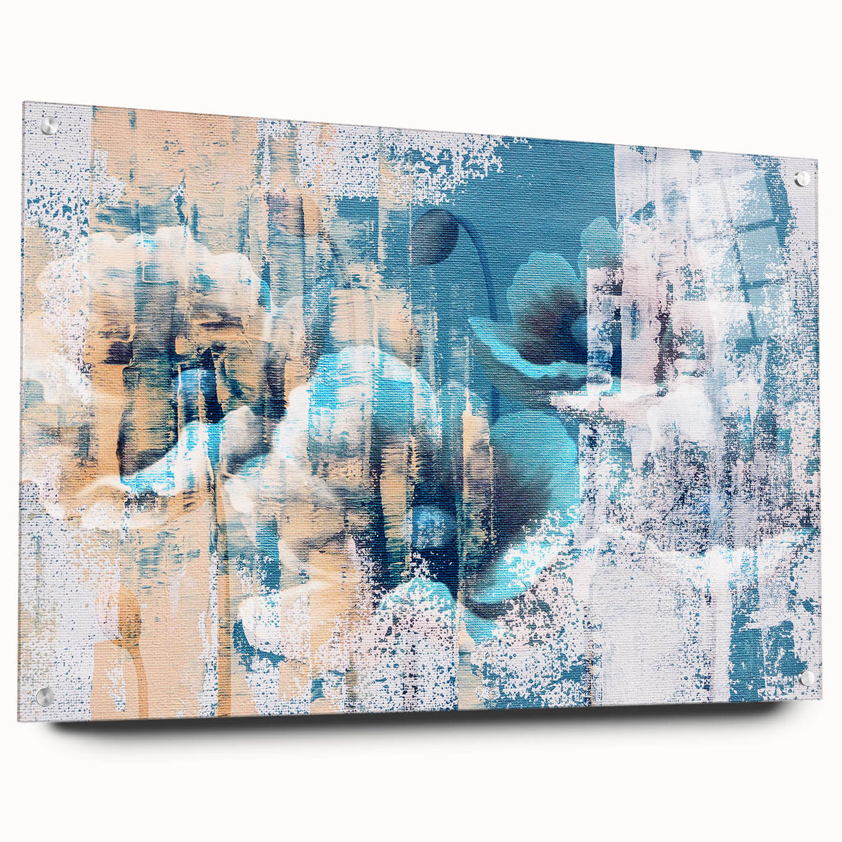Acrylic glass wall art piece showcasing an abstract design with colorful strokes and lines, displayed from a side view with mounting pins for easy installation. Ideal for modern decor, this vibrant artwork adds a contemporary touch to any space.