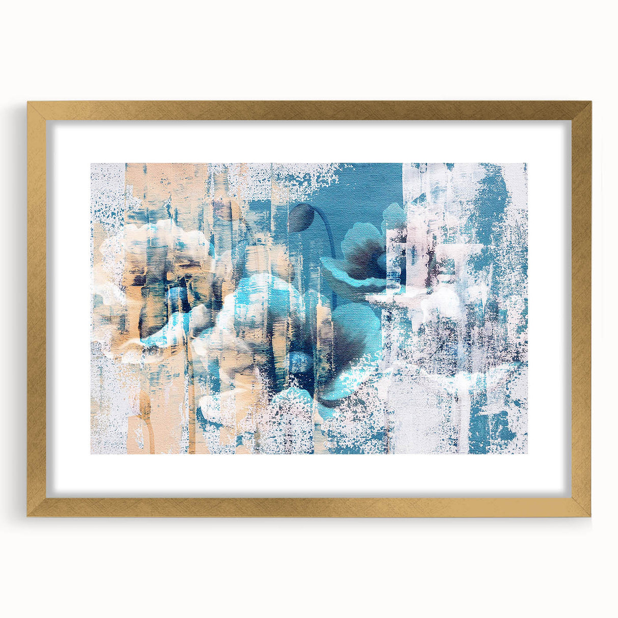 Abstract wall art featuring dynamic strokes and lines in muted tones, framed with a gold matte finish, ideal for modern home decor and artistic interiors.