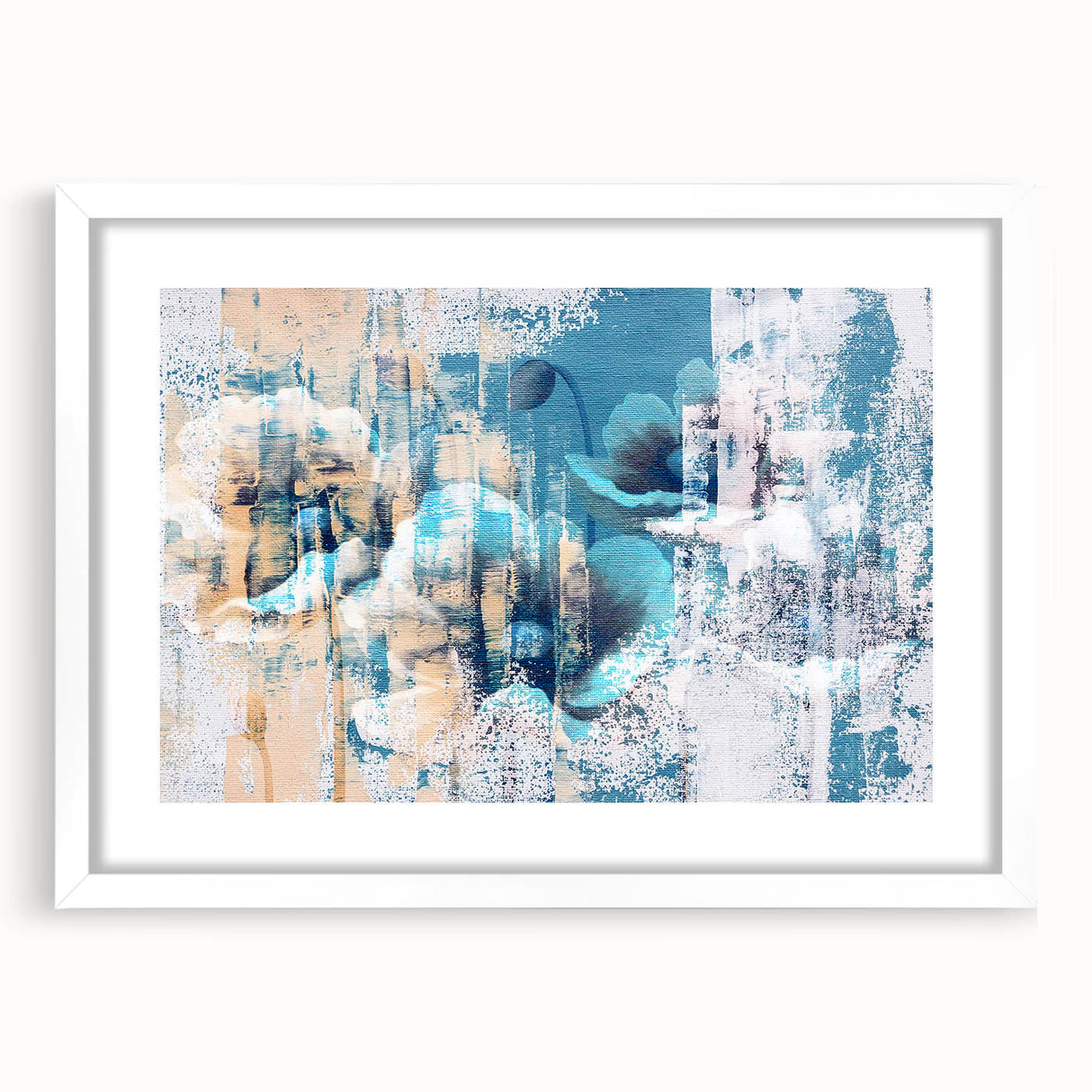Abstract wall art featuring a design of colorful strokes and lines, displayed in a sleek white frame with matting, ideal for modern home decor.