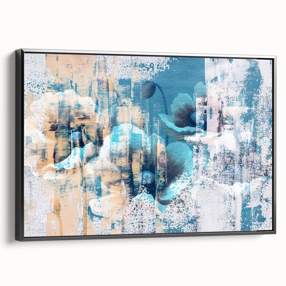 Framed canvas wall art showcasing an abstract design of colorful strokes and lines, featuring a sleek black frame and a side view to highlight its modern aesthetic. Perfect for contemporary decor, this piece adds a vibrant touch to any space.