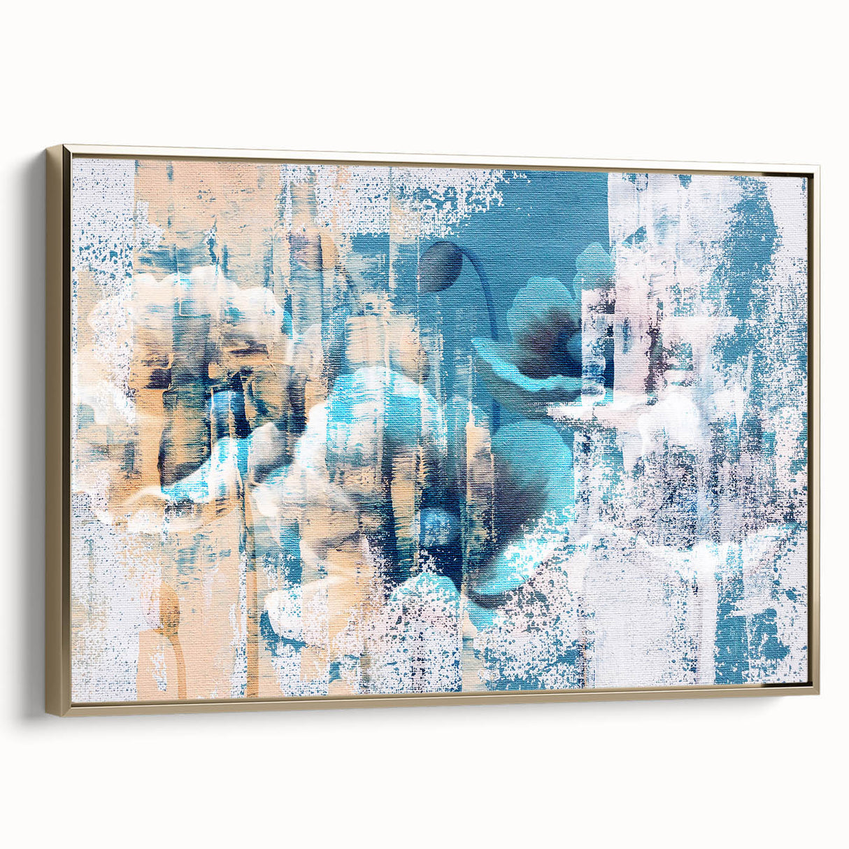 Framed wall art featuring abstract strokes and lines in gold and neutral tones, showcasing a modern design ideal for home decor. Perfect for elevating any living space.