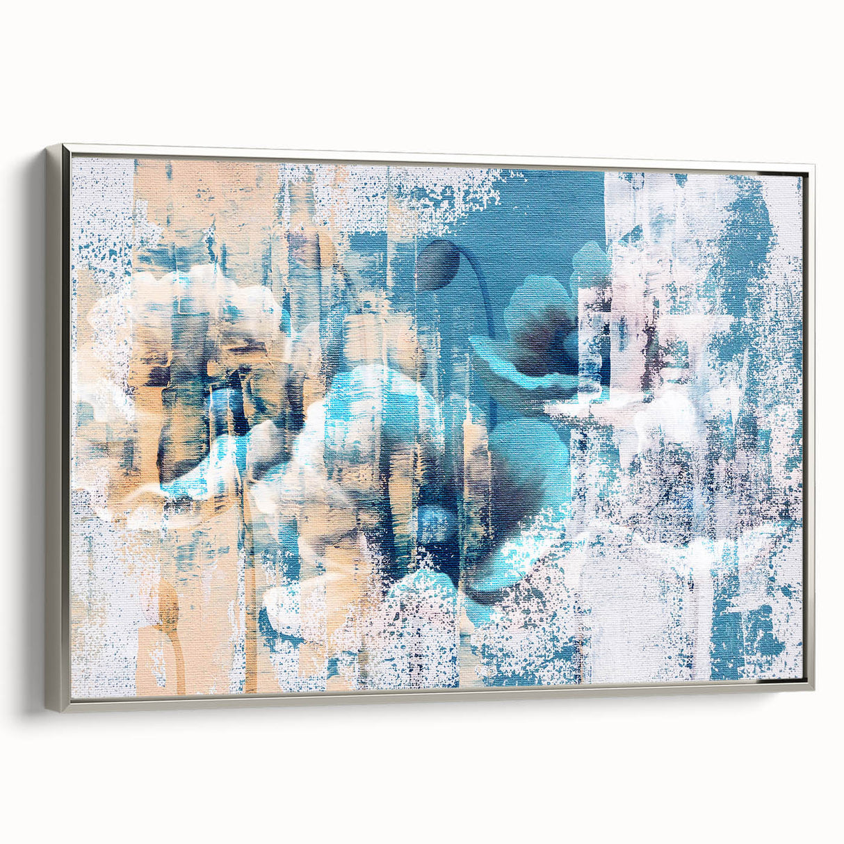 Framed canvas wall art showcasing an abstract design with silver strokes and lines, perfect for modern decor. Side view highlights the sleek frame and artistic detail.