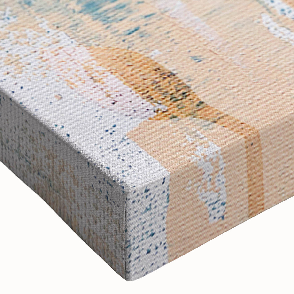 Close-up of a vibrant abstract strokes and lines design on stretched canvas, showcasing dynamic colors and textures ideal for modern wall decor in any setting.
