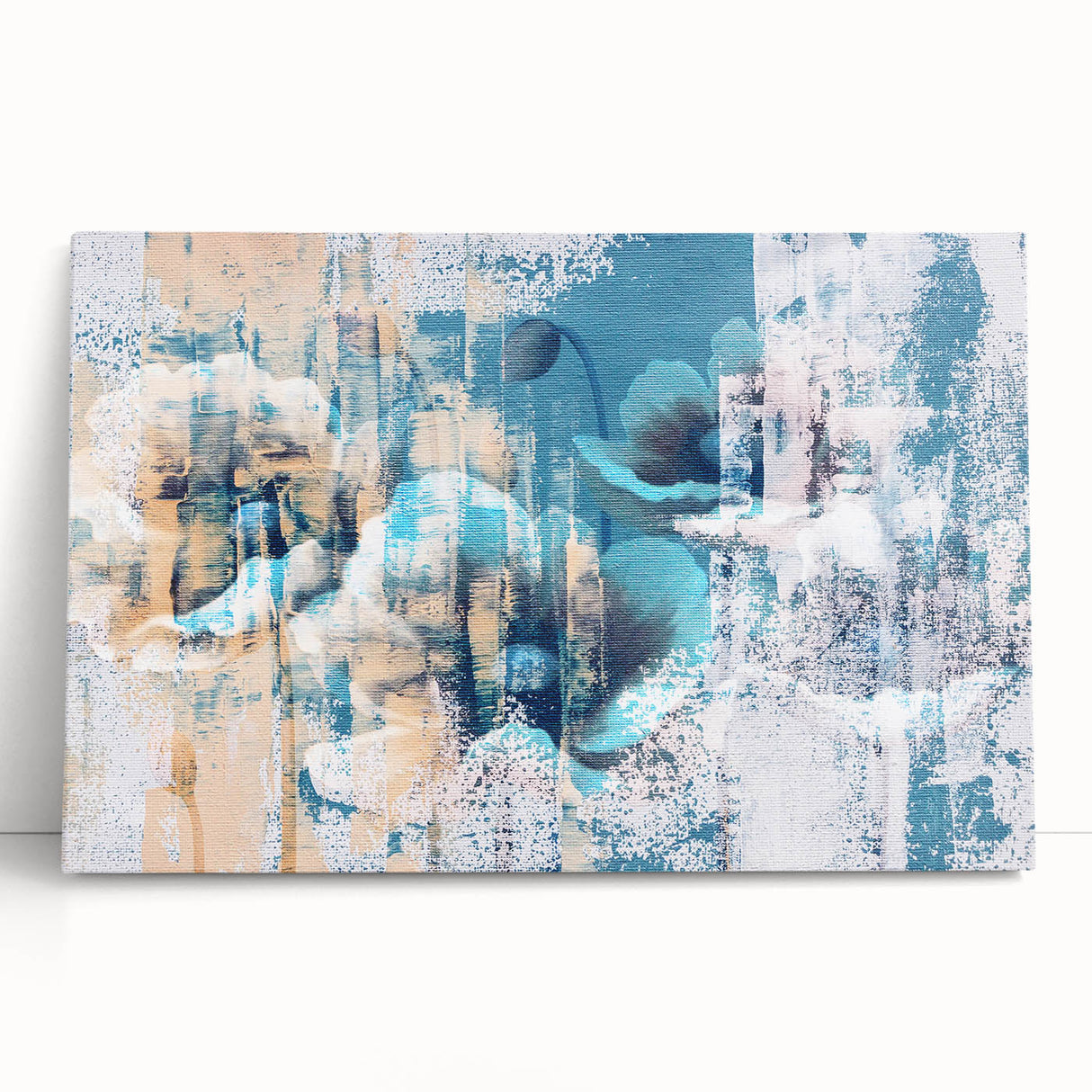 Abstract canvas wall art featuring vibrant strokes and lines in shades of blue, orange, and yellow, showcasing a modern and dynamic design perfect for contemporary decor.