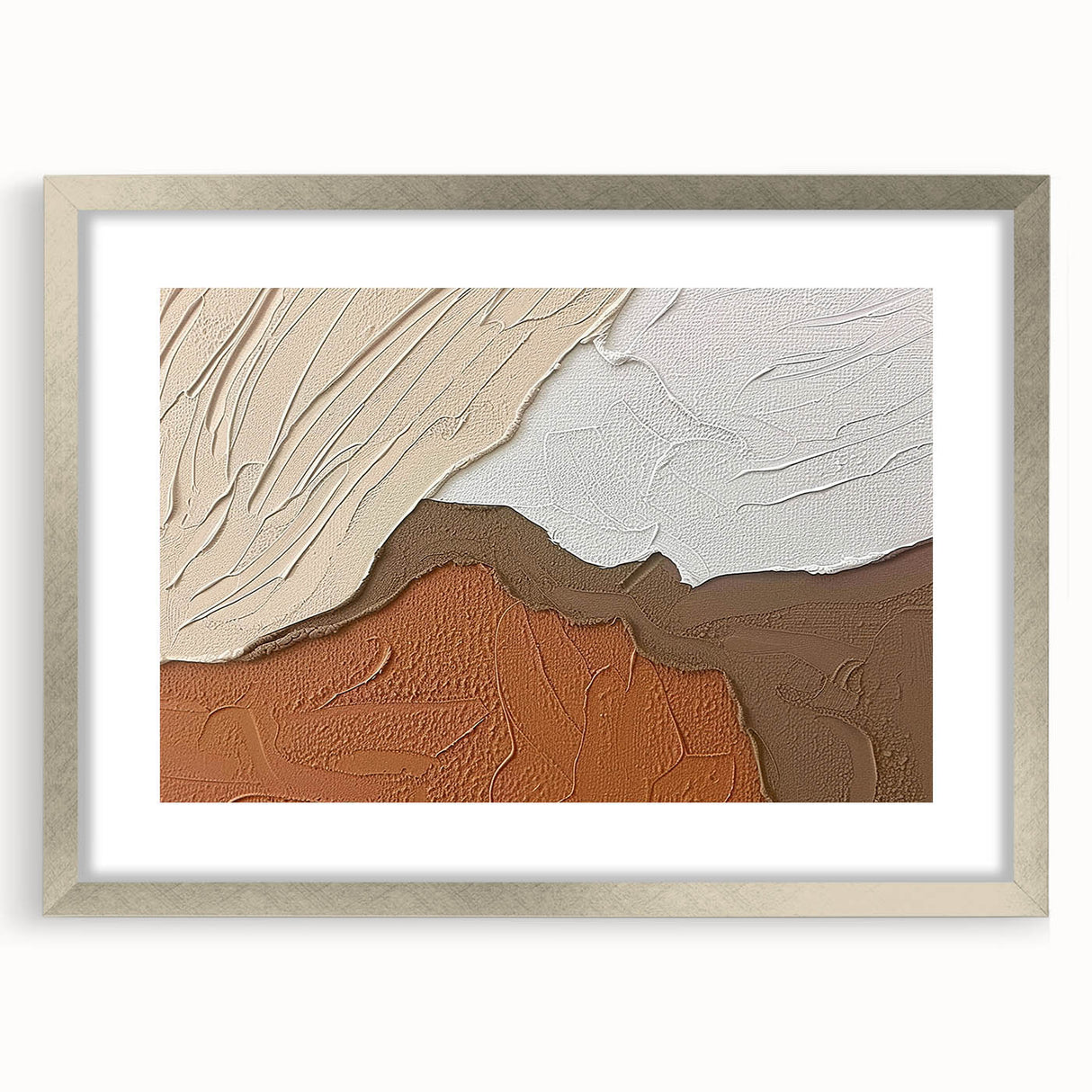 Abstract wall art featuring dynamic strokes and lines in a silver frame with a mat, showcasing a modern design that enhances contemporary interiors.