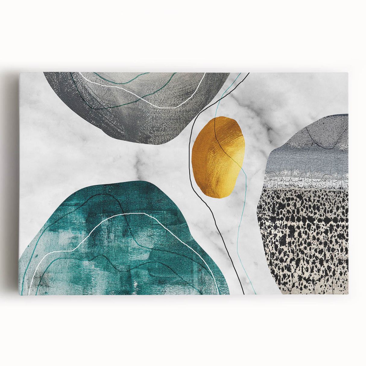 Abstract wall art featuring bold strokes and lines in vibrant colors, designed for modern decor. Stretched canvas presentation enhances visual appeal, suitable for contemporary interiors.