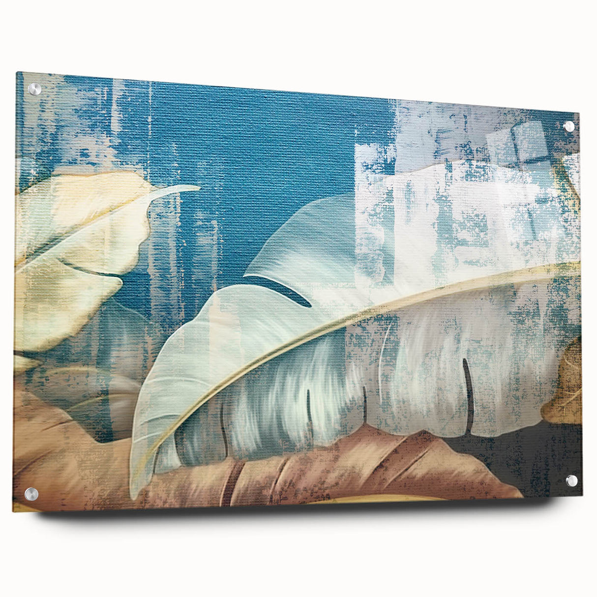 Abstract wall art featuring colorful strokes and lines on acrylic glass, showcasing a modern design ideal for contemporary decor. The artwork is displayed in a side view, secured with pins, highlighting its vibrant hues and artistic texture. Perfect for adding a dynamic focal point to any living space or office.