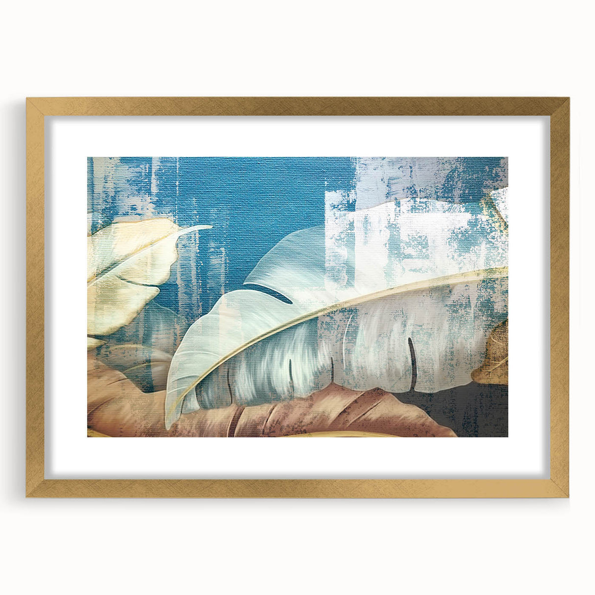 Abstract wall art featuring an intricate design of colorful strokes and lines, elegantly framed with a gold mat, ideal for modern home decor. The artwork brings a vibrant touch to any living space, enhancing aesthetic appeal.