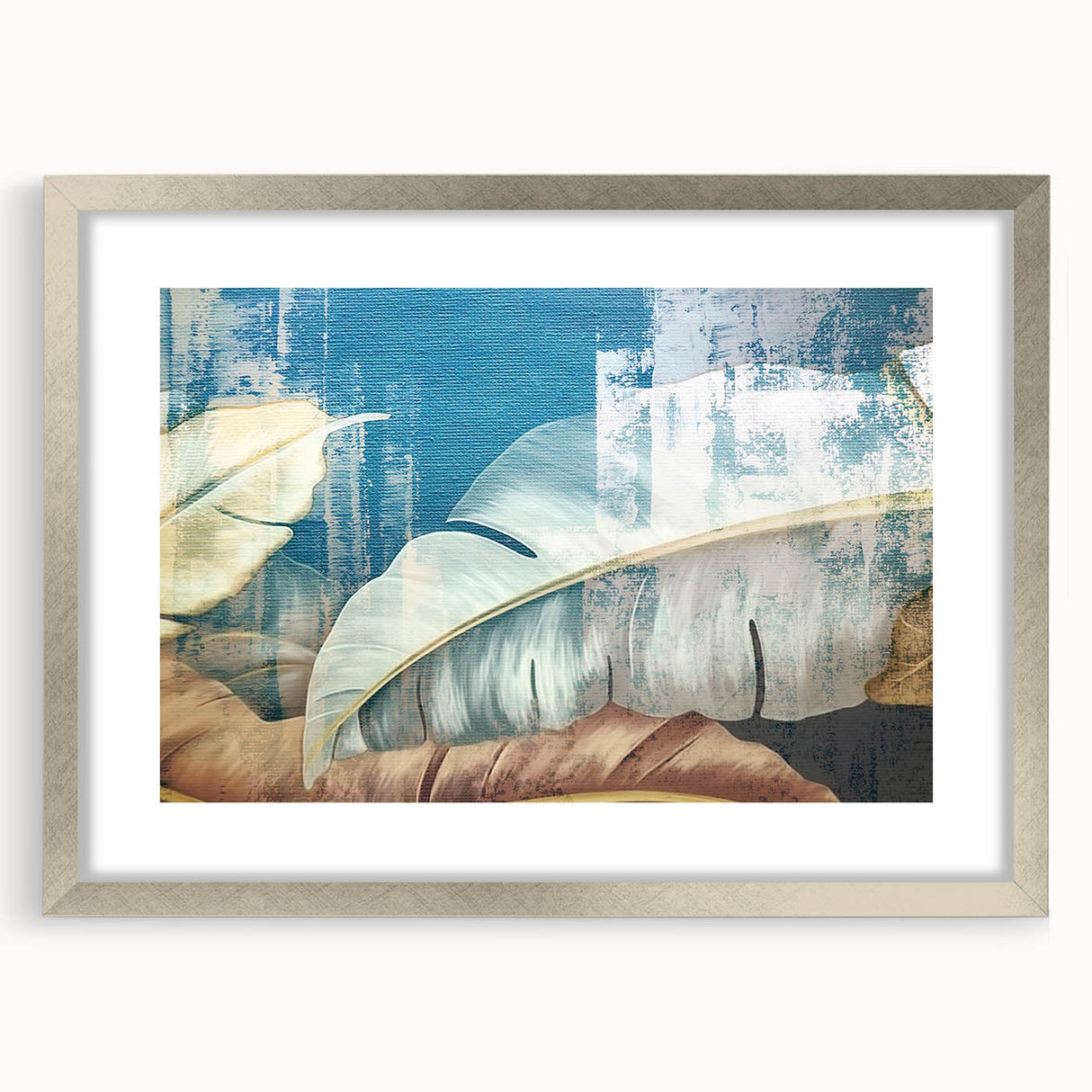 Abstract wall art design featuring dynamic strokes and lines in soft pastel colors, framed with a sleek silver mat, perfect for modern home decor.