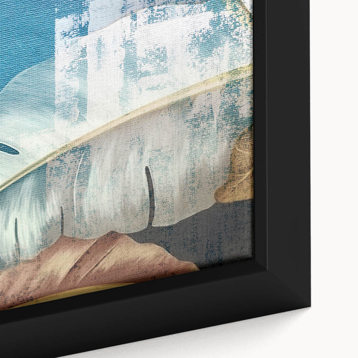 Close-up of a framed canvas wall art piece featuring an abstract design of colorful strokes and lines, showcasing vibrant hues of blue, orange, and green, perfect for modern home decor.