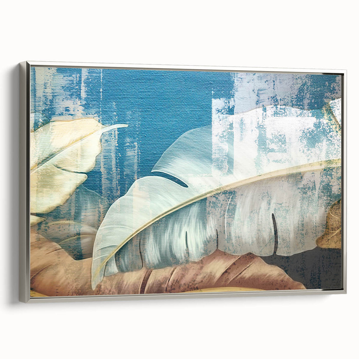 Framed canvas wall art showcasing an abstract design with vibrant strokes and lines in silver tones, perfect for modern home decor. Ideal for enhancing any living space.
