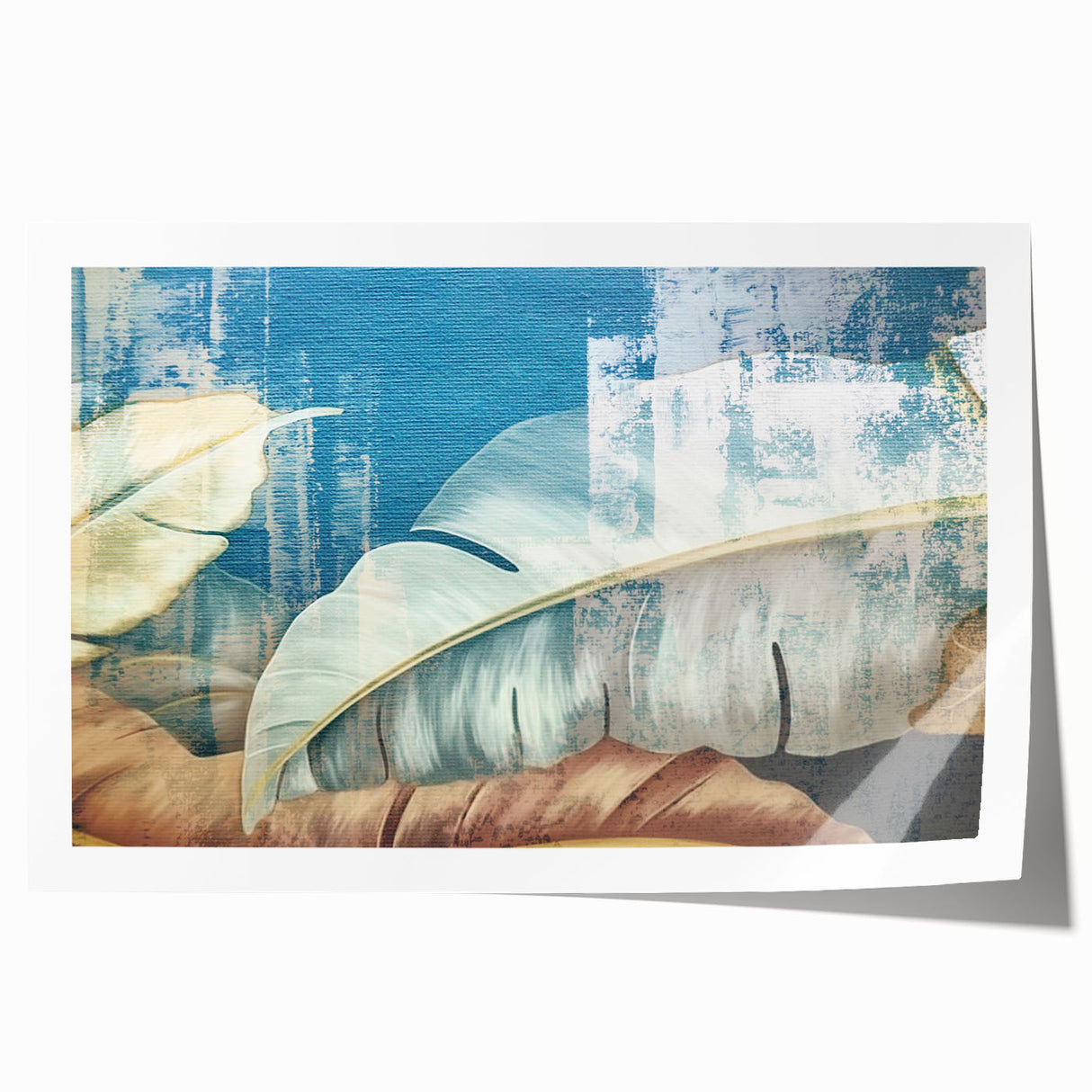 Abstract wall art print showcasing flowing strokes and lines in vibrant hues of blue, orange, and yellow, ideal for modern home decor and art enthusiasts.