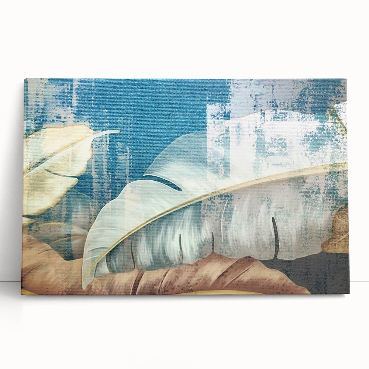Abstract canvas wall art featuring vibrant strokes and lines in shades of blue, orange, and yellow, ideal for modern home decor. This piece adds a dynamic touch to living spaces with its contemporary design and bold color palette.