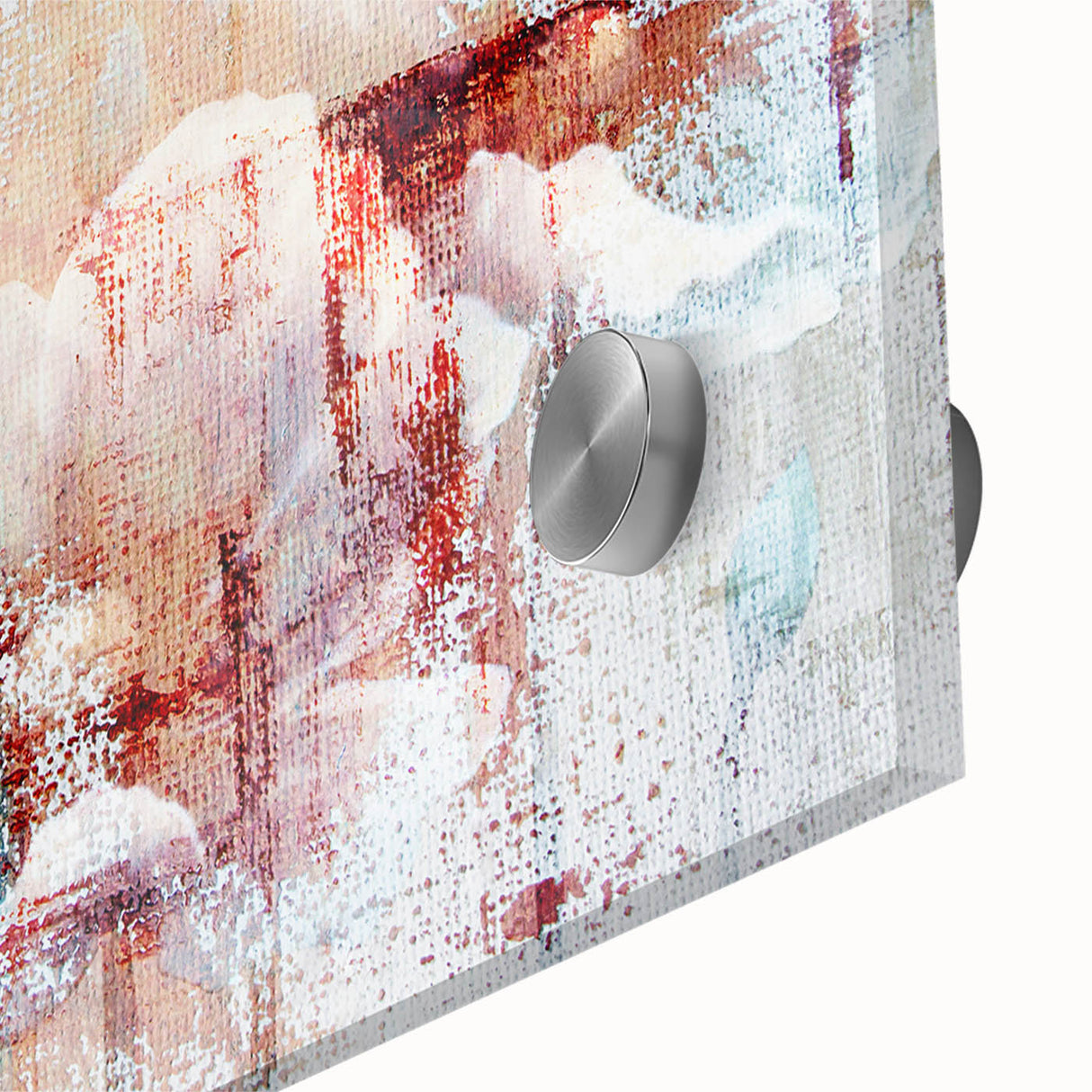 Close-up of an abstract wall art piece showcasing vibrant strokes and lines in shades of blue, orange, and yellow, printed on acrylic glass, ideal for modern decor.