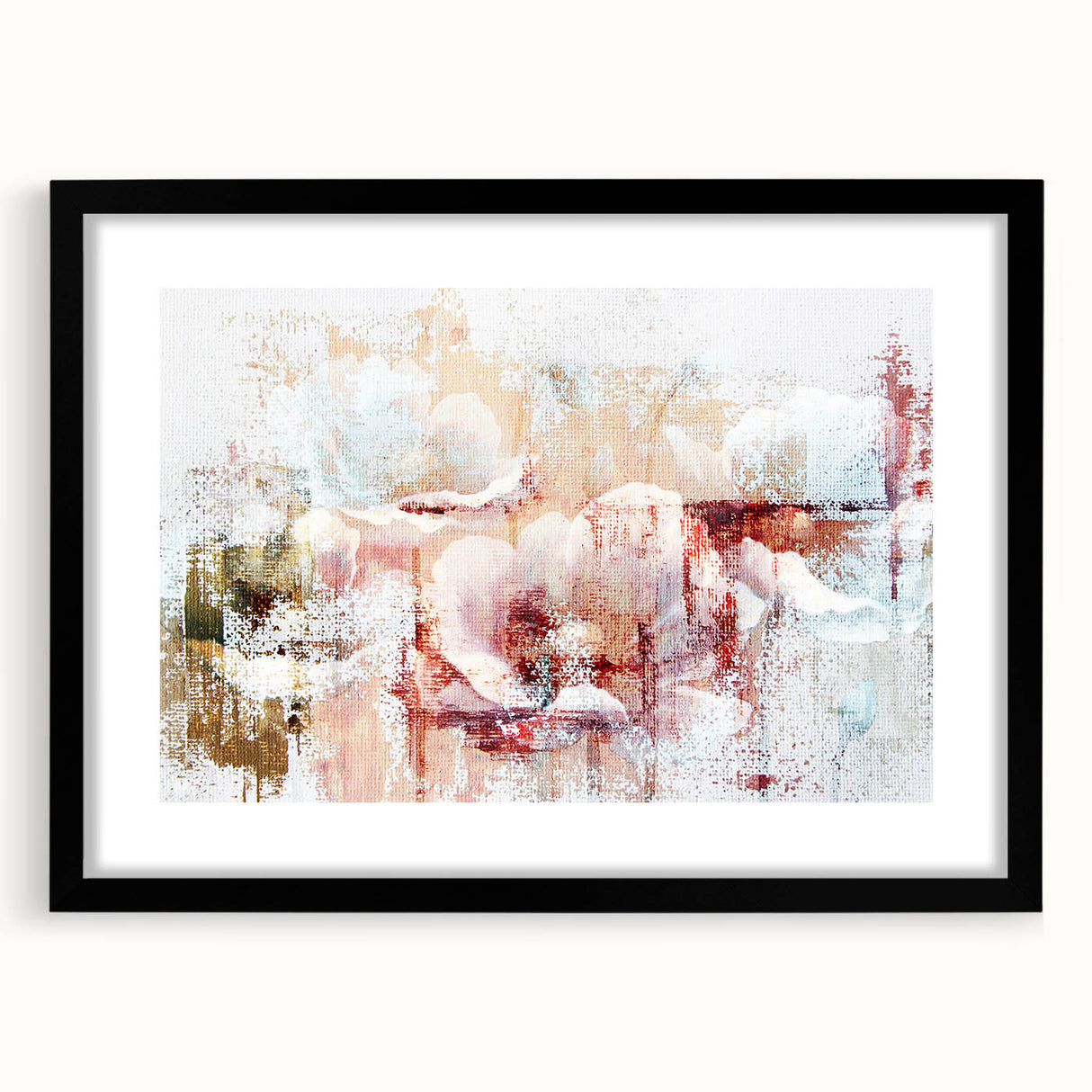 Abstract wall art featuring a striking design of colorful strokes and lines, presented in a sleek black frame with a white mat, ideal for modern home decor.