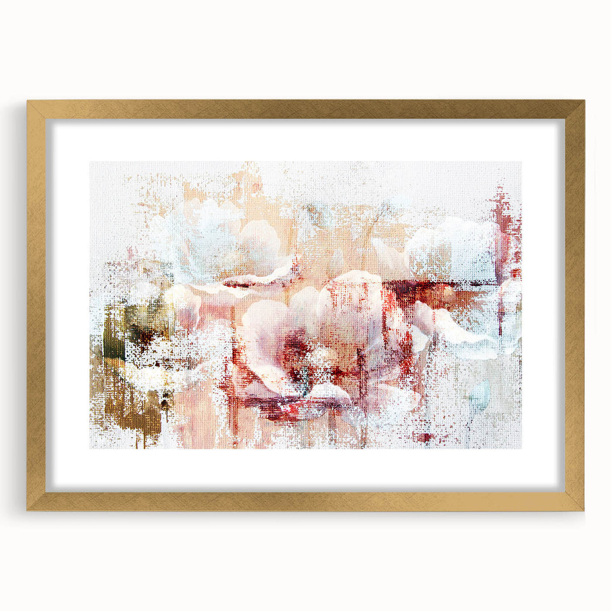 Abstract wall art featuring vibrant strokes and lines in gold and neutral tones, framed with a matte finish, perfect for modern home decor.