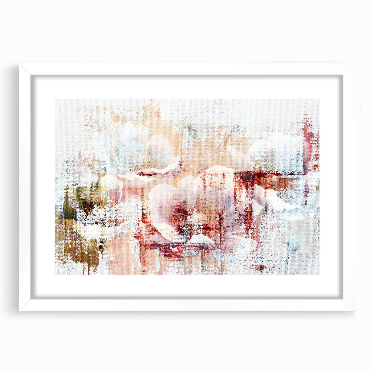 Abstract wall art design featuring colorful strokes and lines in a modern composition, framed with a white mat, enhancing any contemporary decor.