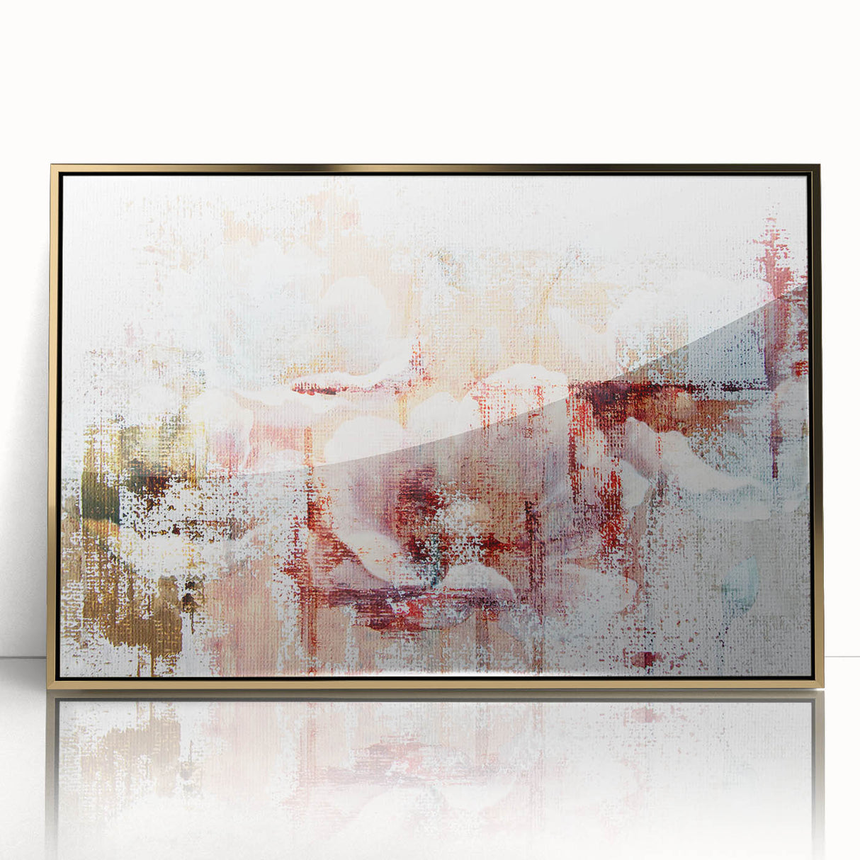 Framed wall art featuring an abstract design of colorful strokes and lines in gold and neutral tones, showcasing a modern aesthetic ideal for contemporary decor.