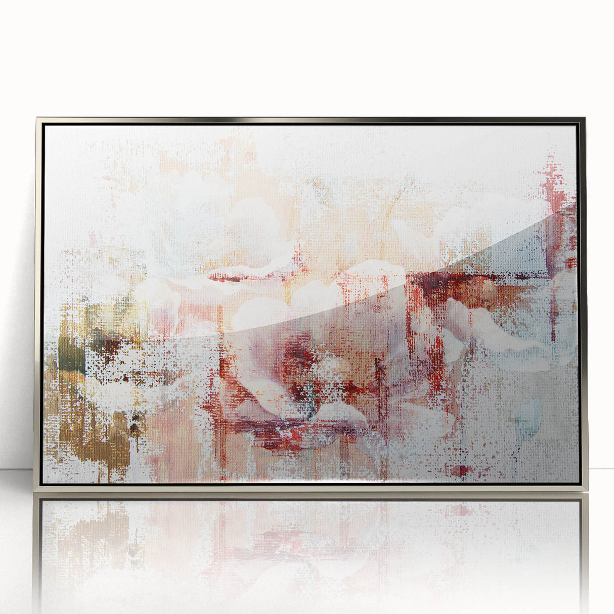 Framed wall art featuring an abstract design of colorful strokes and lines in shades of blue, grey, and silver, perfect for modern decor enhancement.