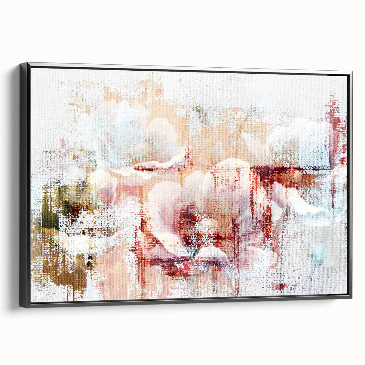 Framed canvas wall art depicting an abstract design of colorful strokes and lines, featuring a sleek black frame, ideal for modern home decor.