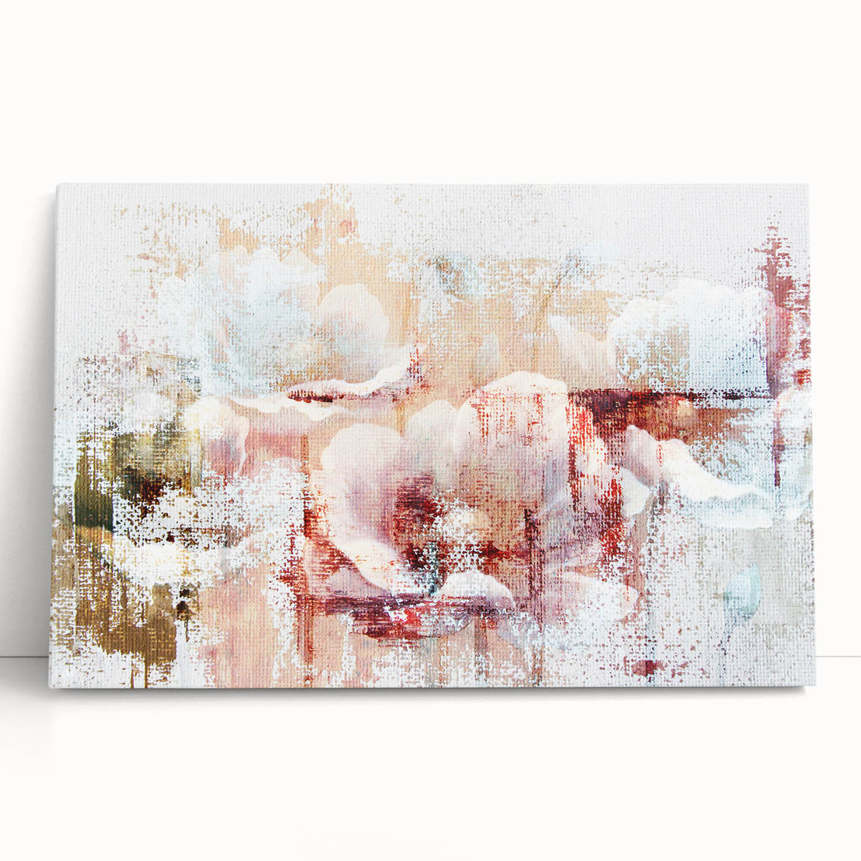 Abstract wall art featuring vibrant strokes and lines in shades of blue, orange, and green, displayed on a stretched canvas, perfect for modern home decor.