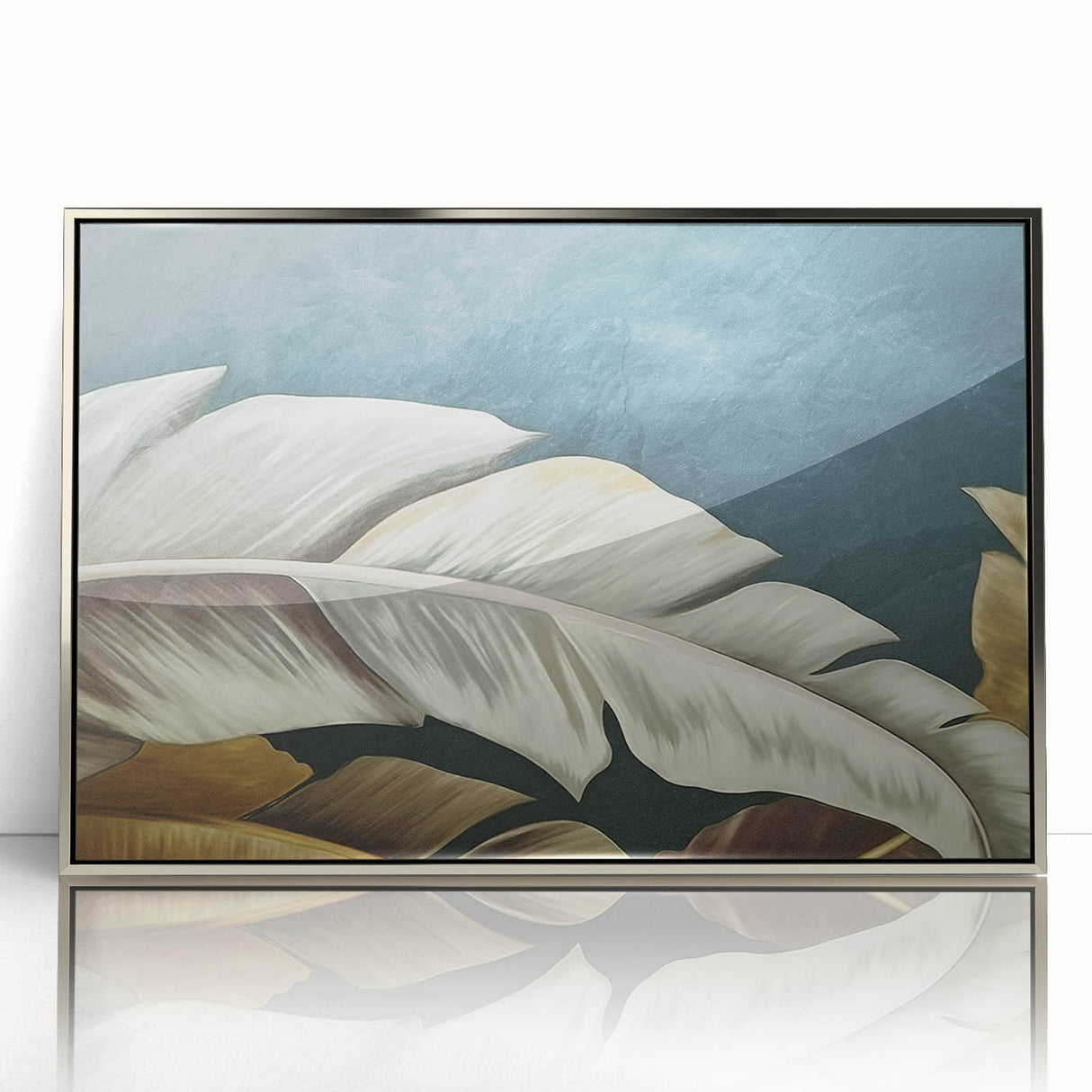 Framed acrylic wall art featuring an abstract design with silver strokes and lines, adding a modern touch to home decor. Ideal for contemporary interiors.
