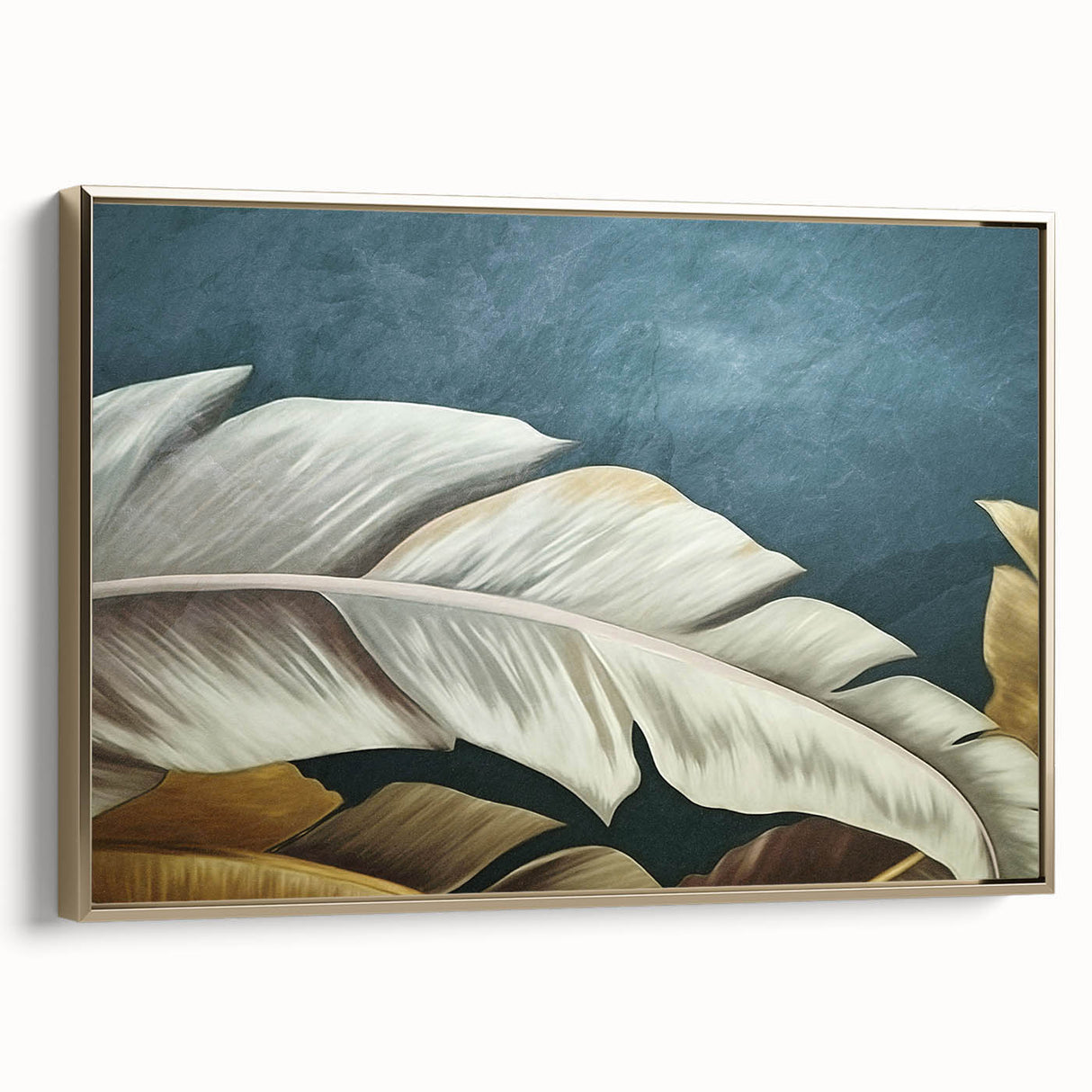 Framed canvas wall art showcasing an abstract design of gold strokes and lines against a neutral background, perfect for modern home decor.