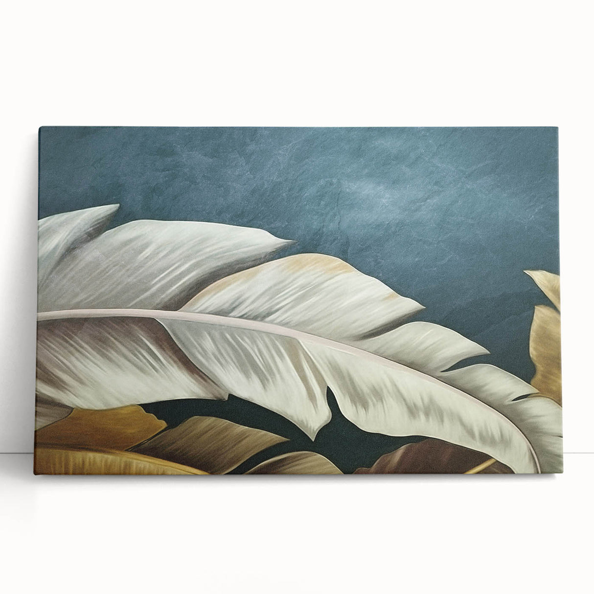 Abstract wall art featuring dynamic strokes and lines in vibrant colors, stretched on canvas, leaning against a neutral wall, showcasing modern artistic design.