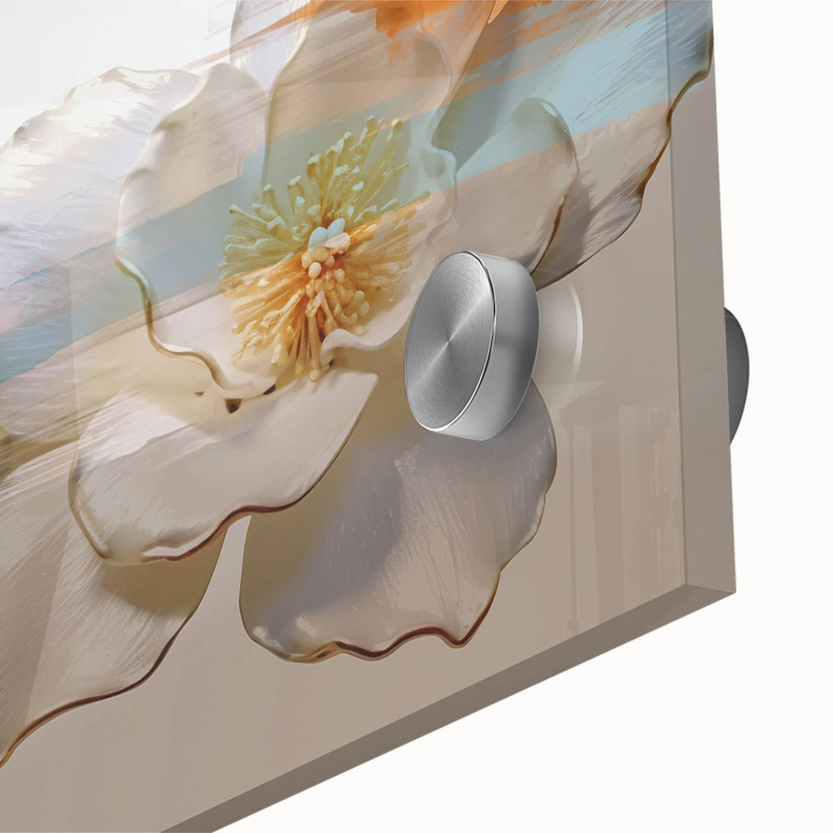 Abstract wall art featuring colorful strokes and lines on acrylic glass, showcasing a modern design with vibrant hues of blue, orange, and yellow, ideal for contemporary home decor.